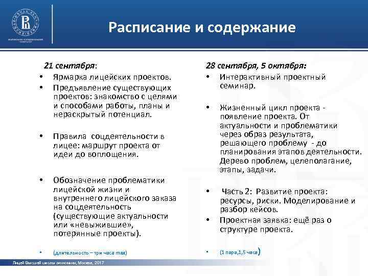Расписание и содержание 21 сентября: • Ярмарка лицейских проектов. • Предъявление существующих проектов: знакомство