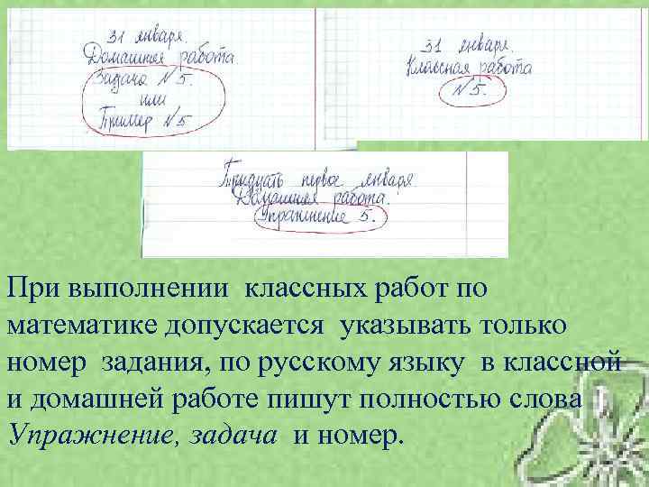 При выполнении классных работ по математике допускается указывать только номер задания, по русскому языку