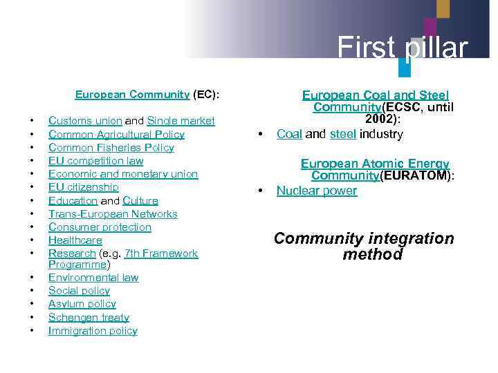 First pillar • European Coal and Steel Community(ECSC, until 2002): Coal and steel industry