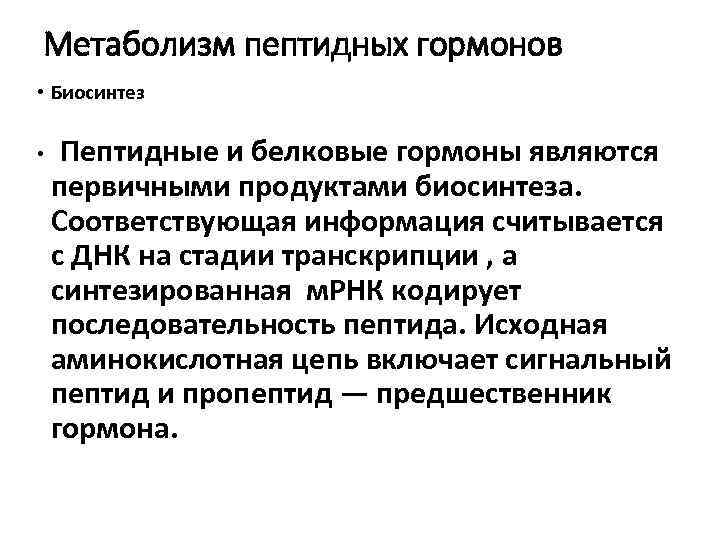 Метаболизм пептидных гормонов • Биосинтез • Пептидные и белковые гормоны являются первичными продуктами биосинтеза.