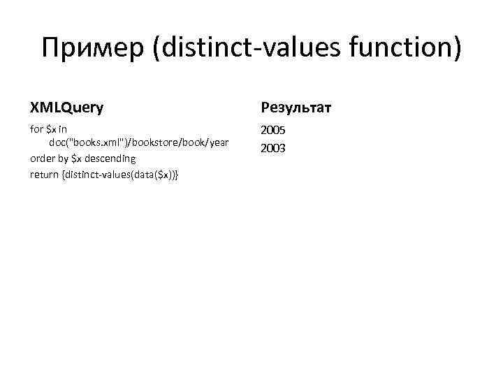 Пример (distinct-values function) XMLQuery Результат for $x in doc(