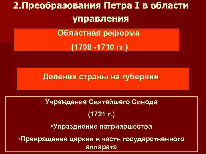 2. Преобразования Петра I в области управления Областная реформа (1708 -1710 гг. ) Деление