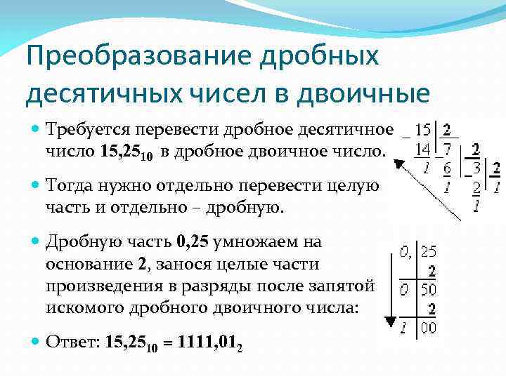 Преобразование дробных десятичных чисел в двоичные Требуется перевести дробное десятичное число 15, 2510 в