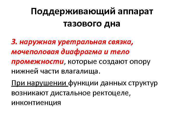 Поддерживающий аппарат тазового дна 3. наружная уретральная связка, мочеполовая диафрагма и тело промежности, которые