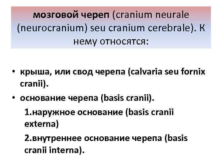 мозговой череп (cranium neurale (neurocranium) seu cranium cerebrale). К нему относятся: • крыша, или
