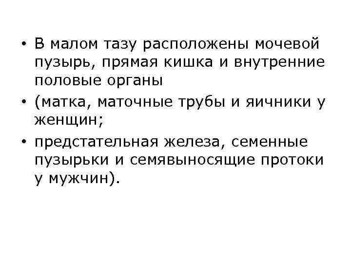  • В малом тазу расположены мочевой пузырь, прямая кишка и внутренние половые органы