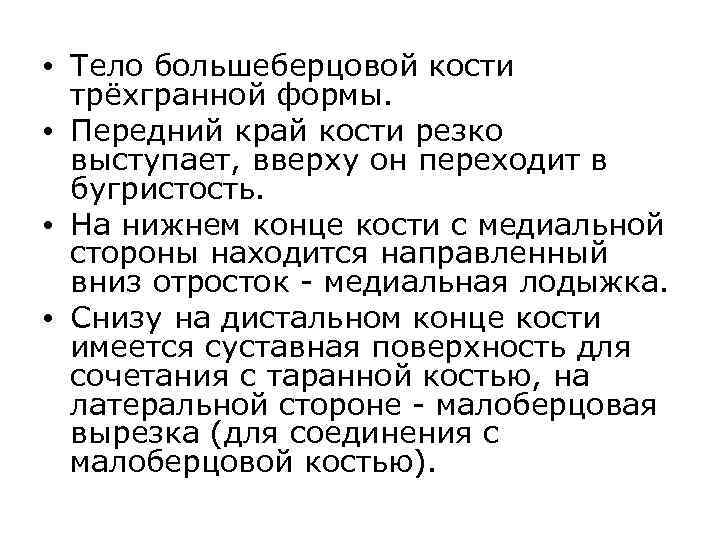  • Тело большеберцовой кости трёхгранной формы. • Передний край кости резко выступает, вверху