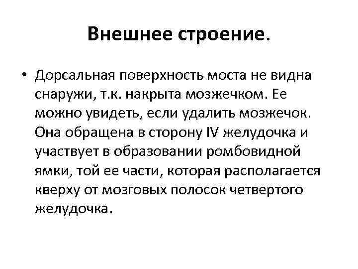 Внешнее строение. • Дорсальная поверхность моста не видна снаружи, т. к. накрыта мозжечком. Ее