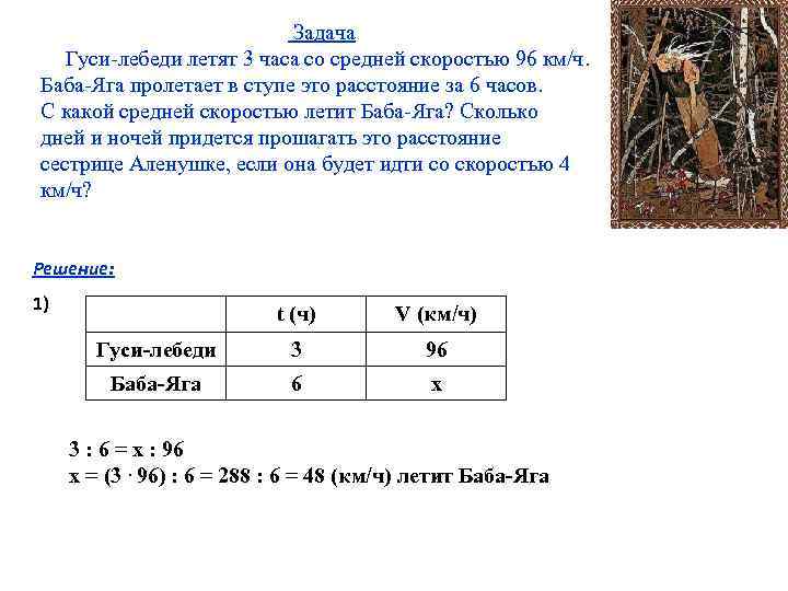 Задача Гуси-лебеди летят 3 часа со средней скоростью 96 км/ч. Баба-Яга пролетает в ступе