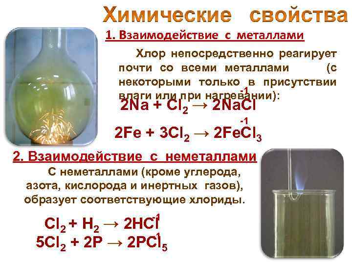 1. Взаимодействие с металлами Хлор непосредственно реагирует почти со всеми металлами (с некоторыми только