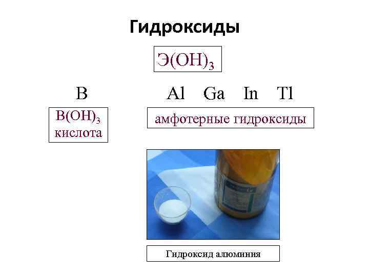 Гидроксиды Э(OH)3 B Al Ga In Tl B(OH)3 кислота амфотерные гидроксиды Гидроксид алюминия 