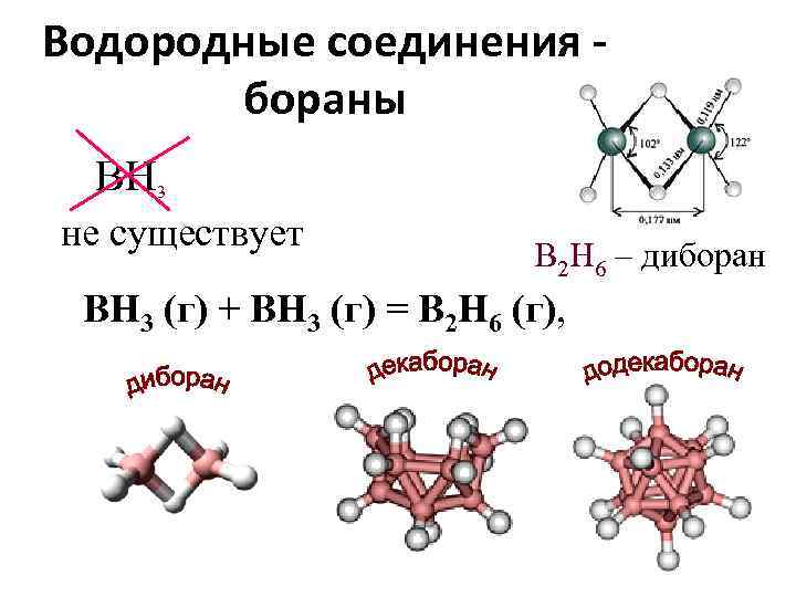 Водородные соединения - бораны BH 3 не существует B 2 H 6 – диборан