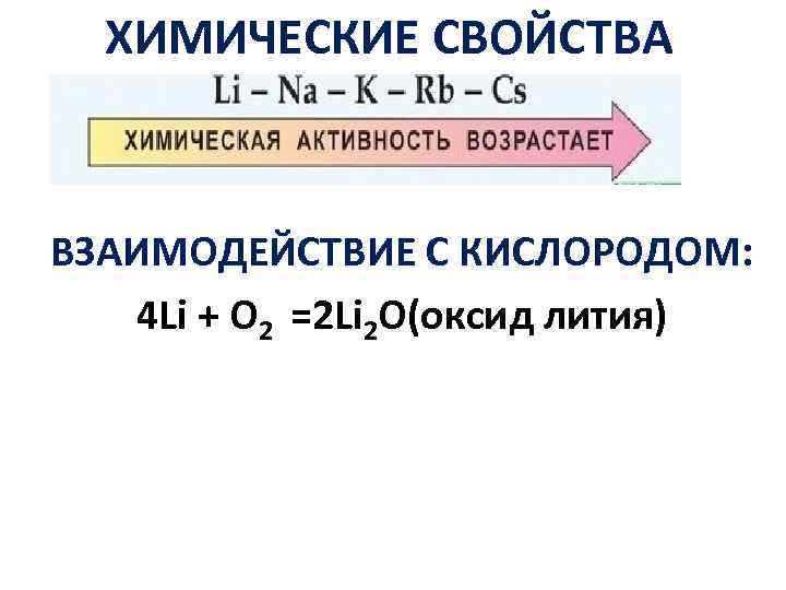 ХИМИЧЕСКИЕ СВОЙСТВА ВЗАИМОДЕЙСТВИЕ С КИСЛОРОДОМ: 4 Li + O 2 =2 Li 2 O(оксид