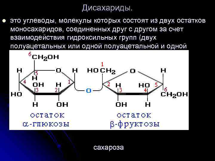 Дисахариды. l это углеводы, молекулы которых состоят из двух остатков моносахаридов, соединенных друг с