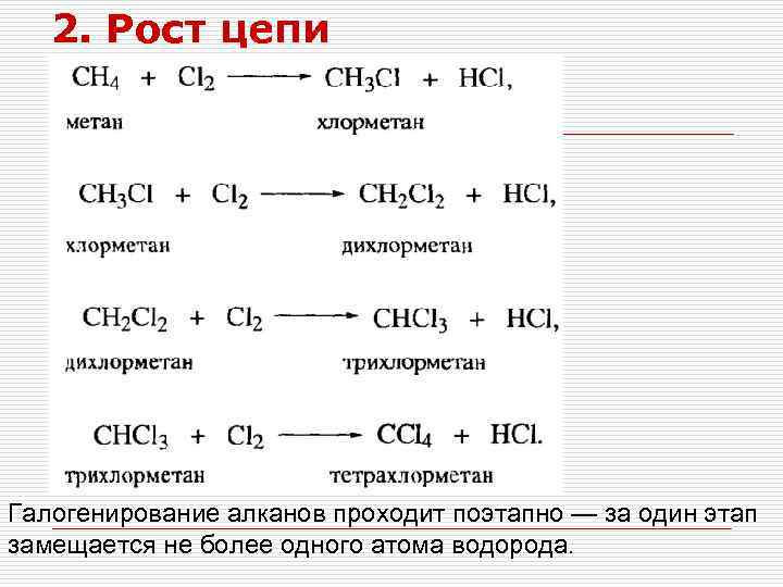 2. Рост цепи Галогенирование алканов проходит поэтапно — за один этап замещается не более
