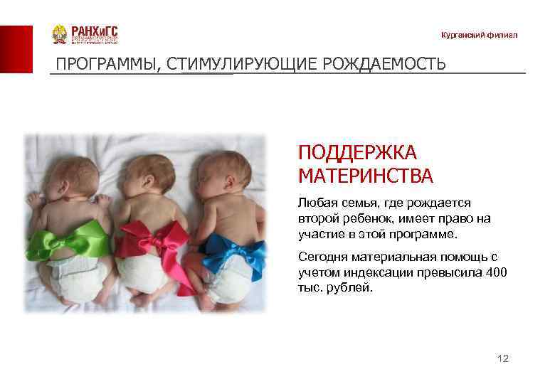 Курганский филиал ПРОГРАММЫ, СТИМУЛИРУЮЩИЕ РОЖДАЕМОСТЬ ПОДДЕРЖКА МАТЕРИНСТВА Любая семья, где рождается второй ребенок, имеет