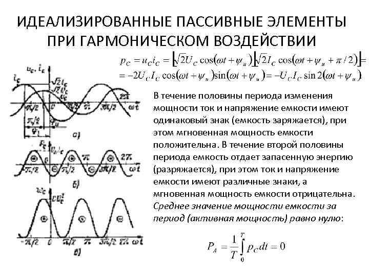 ИДЕАЛИЗИРОВАННЫЕ ПАССИВНЫЕ ЭЛЕМЕНТЫ ПРИ ГАРМОНИЧЕСКОМ ВОЗДЕЙСТВИИ В течение половины периода изменения мощности ток и