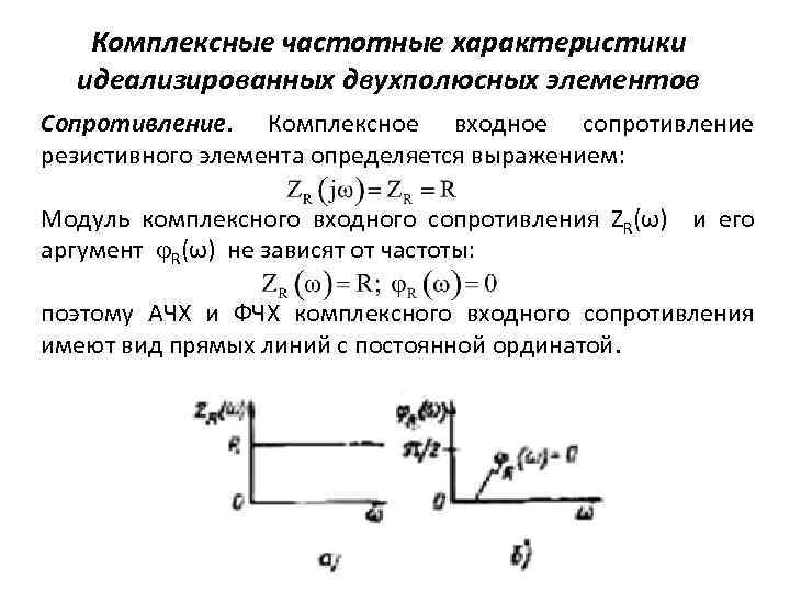 Комплексные частотные характеристики идеализированных двухполюсных элементов Сопротивление. Комплексное входное сопротивление резистивного элемента определяется выражением: