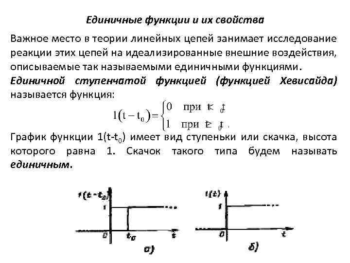 Единичные функции и их свойства Важное место в теории линейных цепей занимает исследование реакции