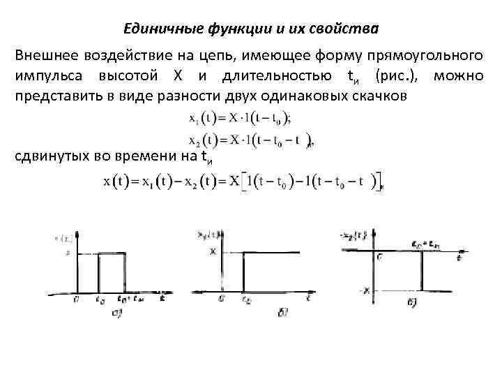 Единичные функции и их свойства Внешнее воздействие на цепь, имеющее форму прямоугольного импульса высотой