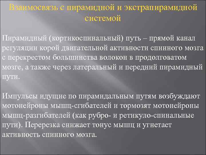 Взаимосвязь с пирамидной и экстрапирамидной системой Пирамидный (кортикоспинальный) путь – прямой канал регуляции корой