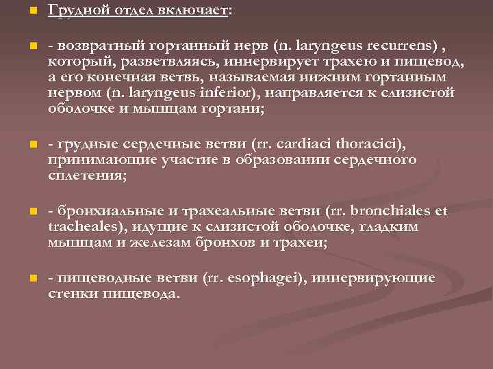 n Грудной отдел включает: n - возвратный гортанный нерв (n. laryngeus recurrens) , который,