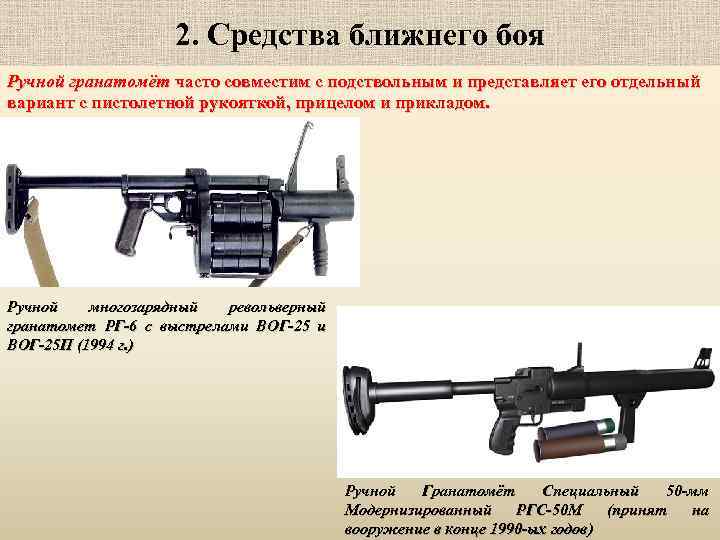 2. Средства ближнего боя Ручной гранатомёт часто совместим с подствольным и представляет его отдельный