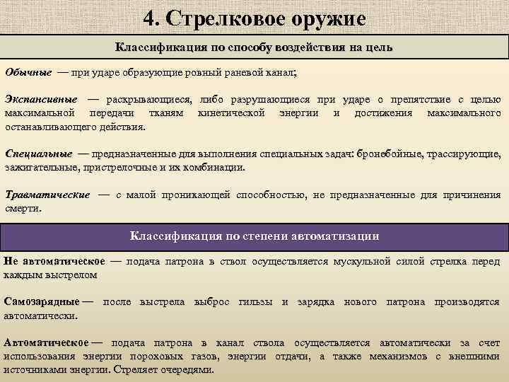 4. Стрелковое оружие Классификация по способу воздействия на цель Обычные — при ударе образующие