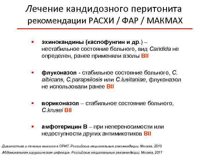Лечение кандидозного перитонита рекомендации РАСХИ / ФАР / МАКМАХ § эхинокандины (каспофунгин и др.