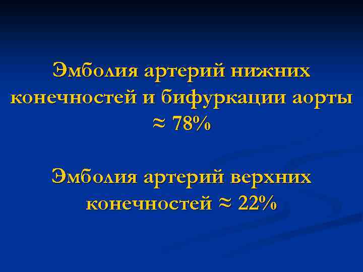Эмболия артерий нижних конечностей и бифуркации аорты ≈ 78% Эмболия артерий верхних конечностей ≈
