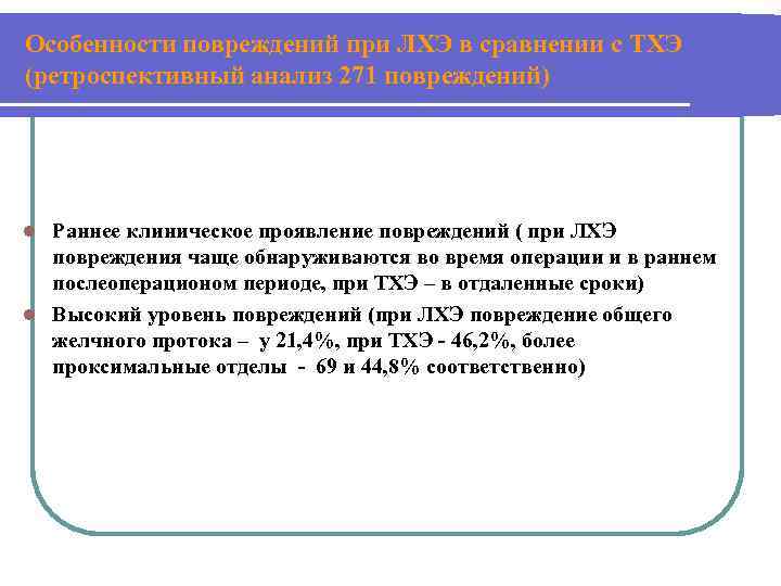 Особенности повреждений при ЛХЭ в сравнении с ТХЭ (ретроспективный анализ 271 повреждений) Раннее клиническое