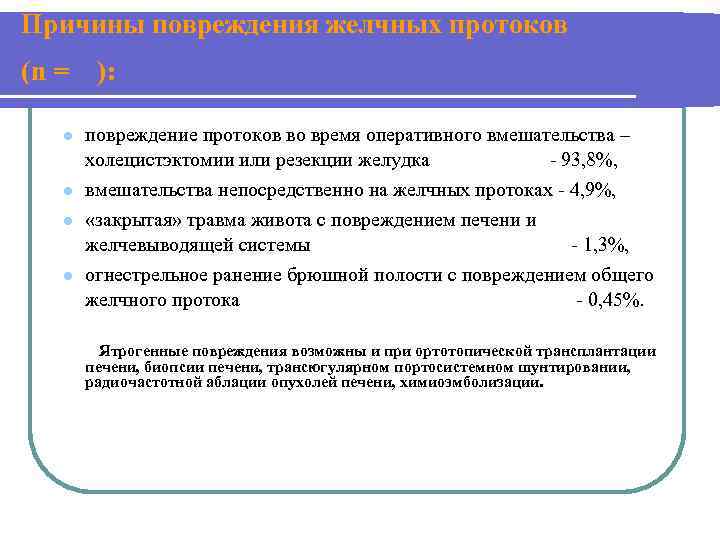 Причины повреждения желчных протоков (n = l l ): повреждение протоков во время оперативного
