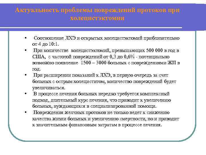 Актуальность проблемы повреждений протоков при холецистэктомии • • • Соотношение ЛХЭ и открытых холецистэктомий