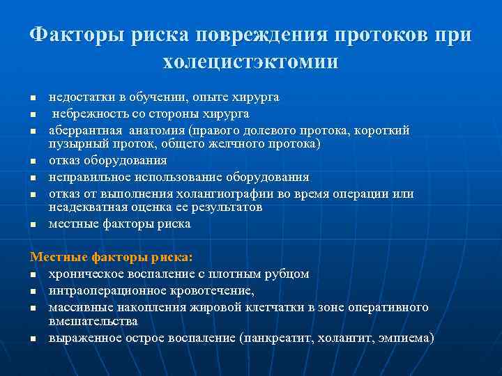 Факторы риска повреждения протоков при холецистэктомии n n n n недостатки в обучении, опыте