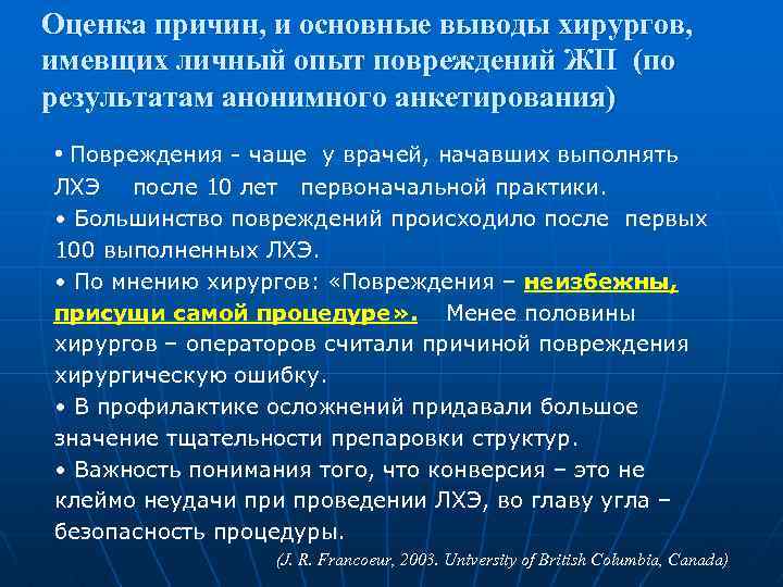 Оценка причин, и основные выводы хирургов, имевщих личный опыт повреждений ЖП (по результатам анонимного