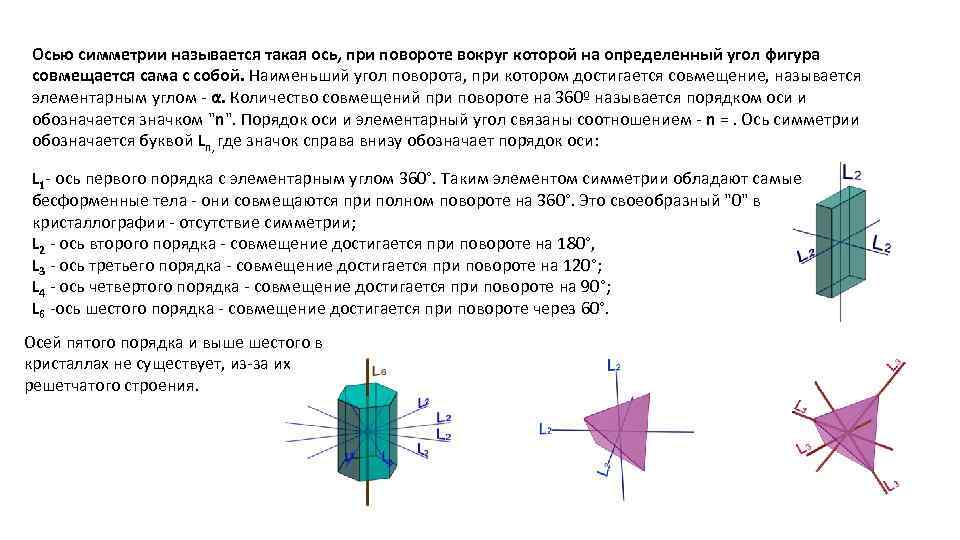 9 осей. Поворотная ось 4 порядка. Зеркально поворотная ось 1 порядка. Поворотные оси 2, 3, 4, 6 порядка в кристаллах. Ось симметрии второго порядка.