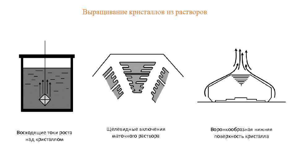 Выращивание кристаллов из растворов Восходящие токи роста над кристаллом Щелевидные включения маточного раствора Воронкообразная