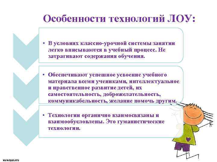 Особенности технологий ЛОУ: • В условиях классно-урочной системы занятии легко вписываются в учебный процесс.