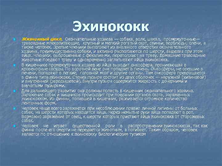 Эхинококк n n n Жизненный цикл. Окончательные хозяева — собака, волк, шакал, промежуточные— травоядные