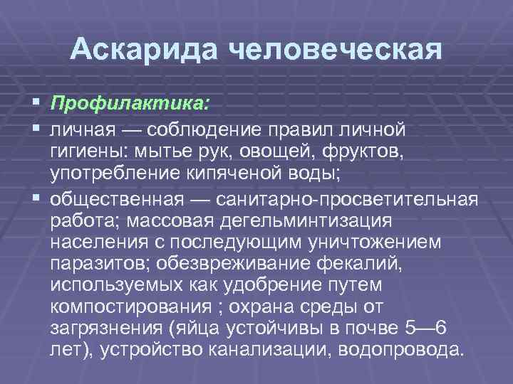 Аскарида человеческая § Профилактика: § личная — соблюдение правил личной гигиены: мытье рук, овощей,
