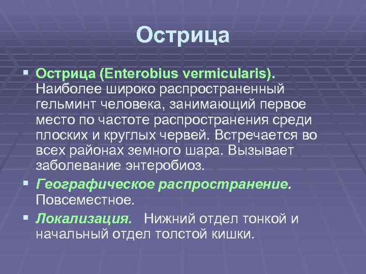 Острица § Острица (Enterobius vermicularis). Наиболее широко распространенный гельминт человека, занимающий первое место по