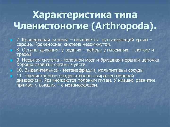 Характеристика типа Членистоногие (Arthropoda). n n n 7. Кровеносная система – появляется пульсирующий орган