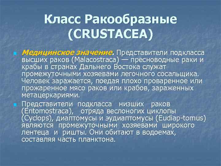 Класс Ракообразные (CRUSTACEA) n n Медицинское значение. Представители подкласса высших раков (Malacostraca) — пресноводные