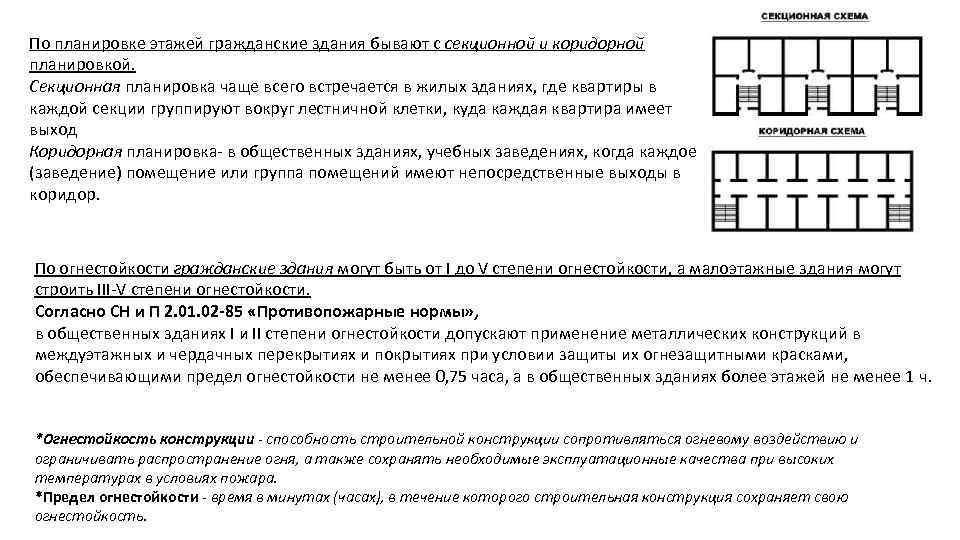 По планировке этажей гражданские здания бывают с секционной и коридорной планировкой. Секционная планировка чаще