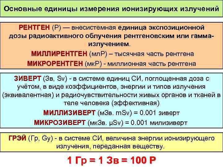 Основные единицы измерения ионизирующих излучений РЕНТГЕН (Р) — внесистемная единица экспозиционной РЕНТГЕН дозы радиоактивного