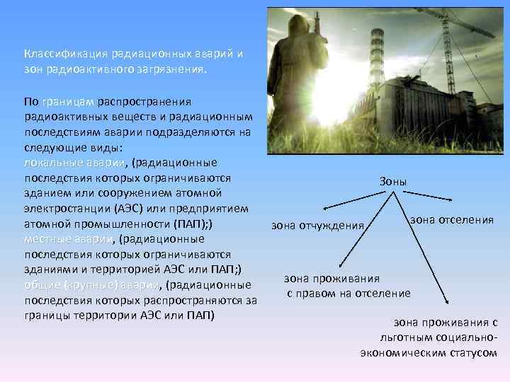 Классификация радиационных аварий и зон радиоактивного загрязнения. По границам распространения радиоактивных веществ и радиационным