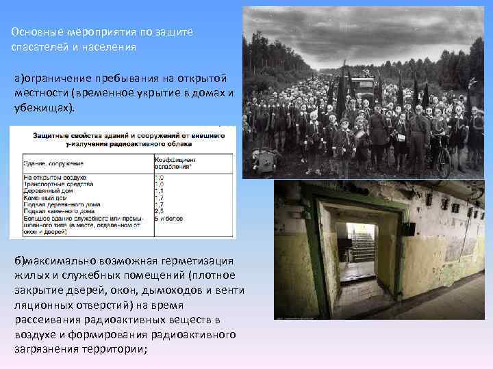 Основные мероприятия по защите спасателей и населения а)ограничение пребывания на открытой местности (временное укрытие