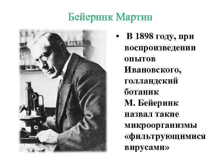 Бейеринк Мартин • В 1898 году, при воспроизведении опытов Ивановского, голландский ботаник М. Бейеринк