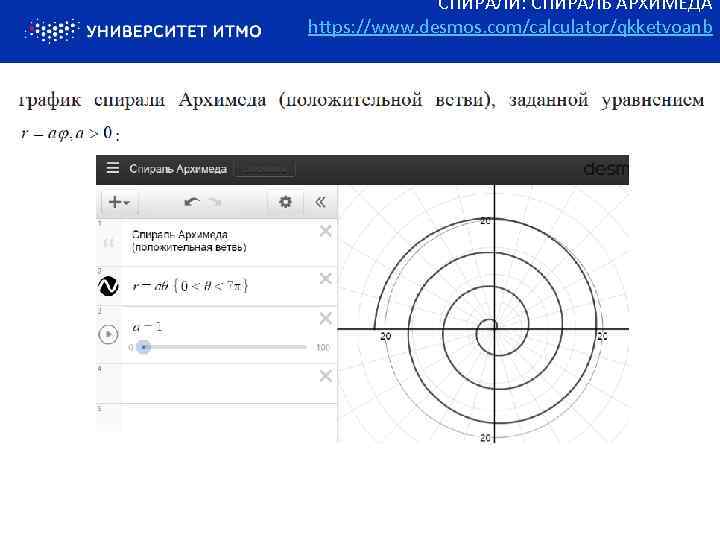 СПИРАЛИ: СПИРАЛЬ АРХИМЕДА https: //www. desmos. com/calculator/qkketvoanb 