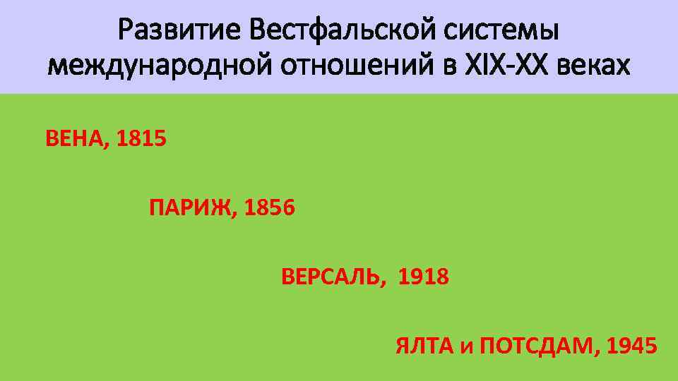 Развитие Вестфальской системы международной отношений в XIX-XX веках ВЕНА, 1815 ПАРИЖ, 1856 ВЕРСАЛЬ, 1918